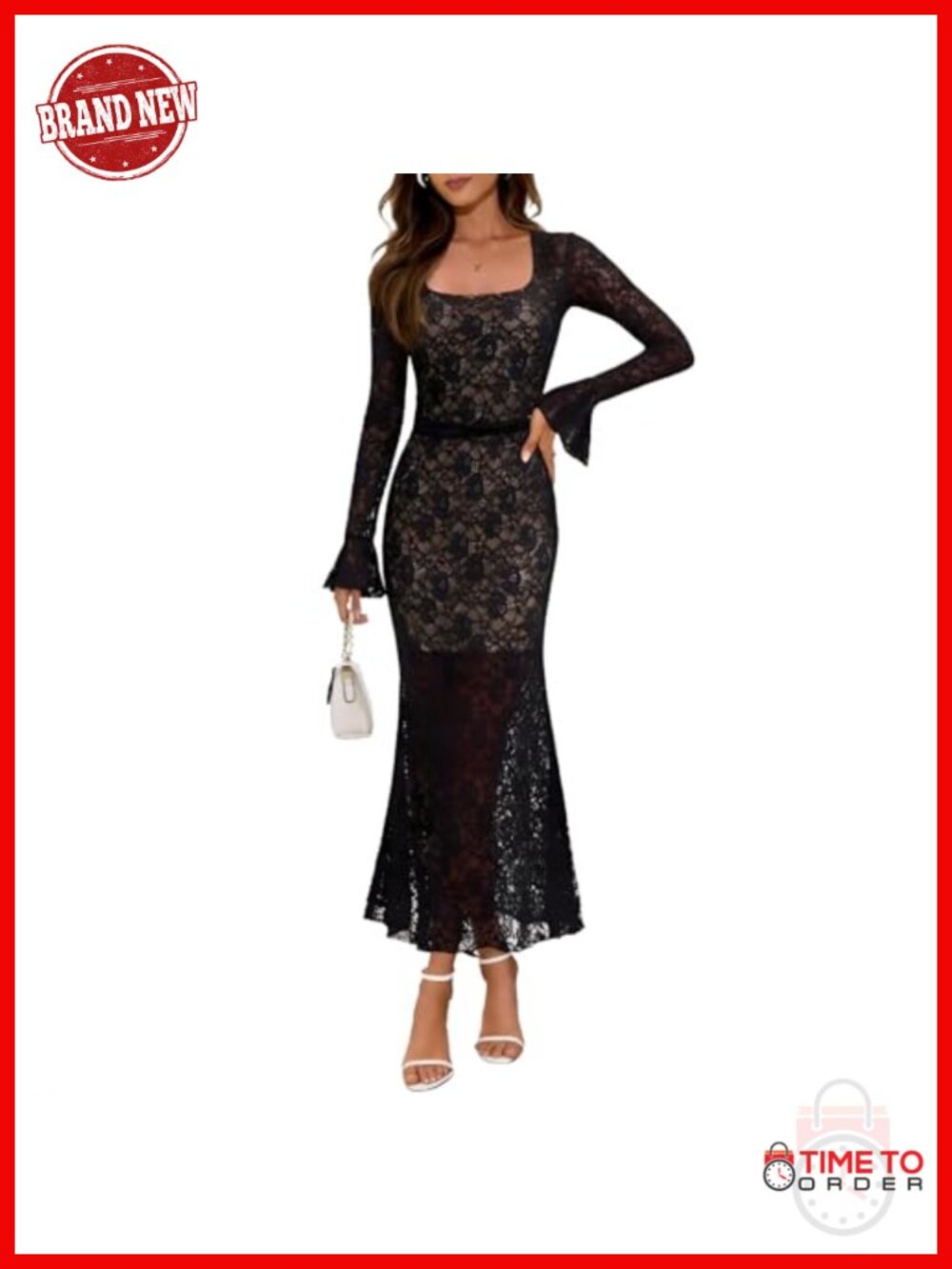 Womens Lace Mesh Bell Long Sleeve Maxi Dress Square Neck Bodycon Cocktail